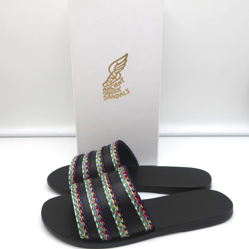 Ancient Greek Sandals Taygete Slides Black Raffia-Trimmed Leather Size 38 NEW - Celebrity Owned