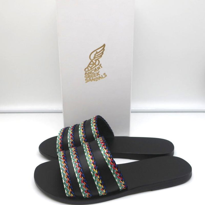 Ancient Greek Sandals Taygete Slides Black Raffia-Trimmed Leather Size 38 NEW - Celebrity Owned