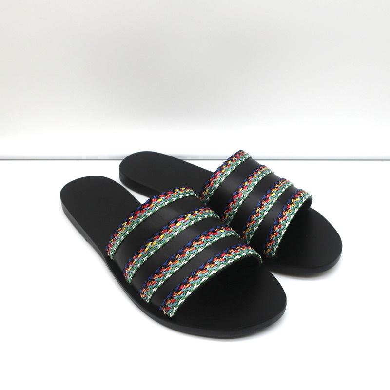 Ancient Greek Sandals Taygete Slides Black Raffia-Trimmed Leather Size 38 NEW - Celebrity Owned