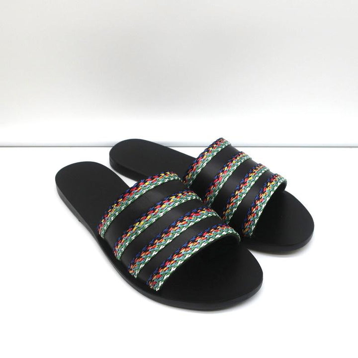 Ancient Greek Sandals Taygete Slides Black Raffia-Trimmed Leather Size 38 NEW - Celebrity Owned