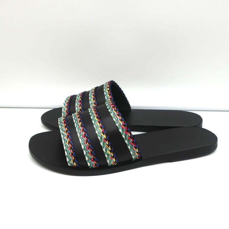 Ancient Greek Sandals Taygete Slides Black Raffia-Trimmed Leather Size 38 NEW - Celebrity Owned