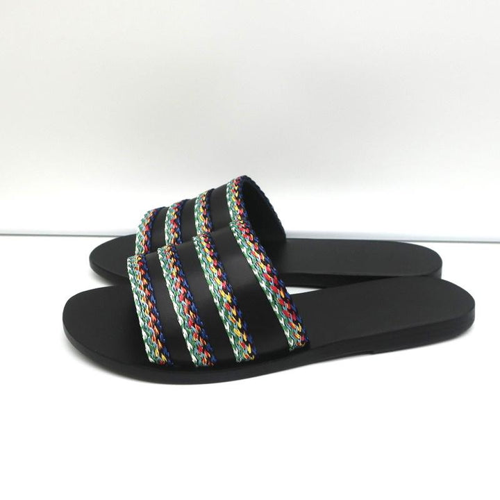 Ancient Greek Sandals Taygete Slides Black Raffia-Trimmed Leather Size 38 NEW - Celebrity Owned