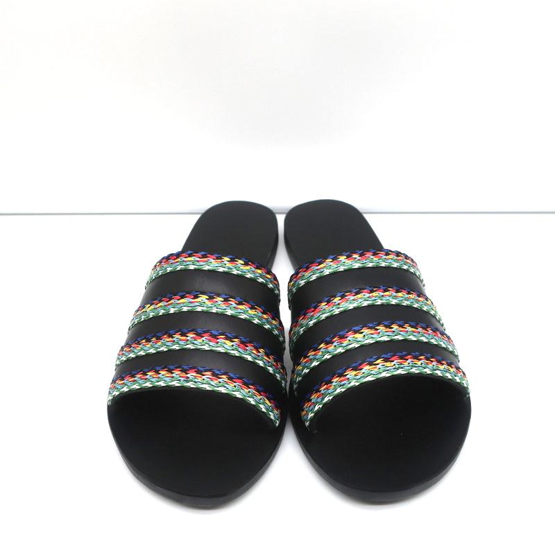 Ancient Greek Sandals Taygete Slides Black Raffia-Trimmed Leather Size 38 NEW - Celebrity Owned