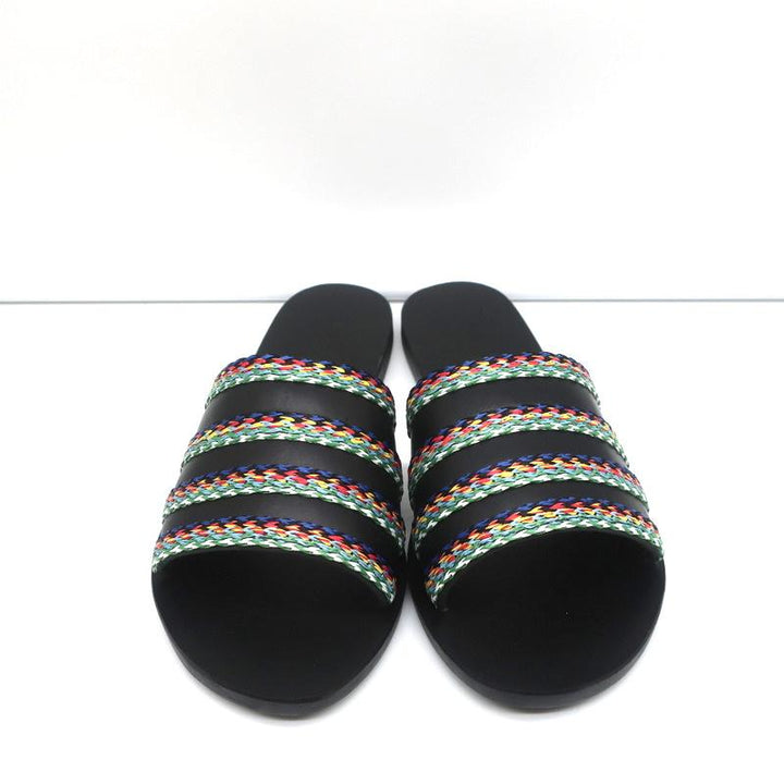 Ancient Greek Sandals Taygete Slides Black Raffia-Trimmed Leather Size 38 NEW - Celebrity Owned