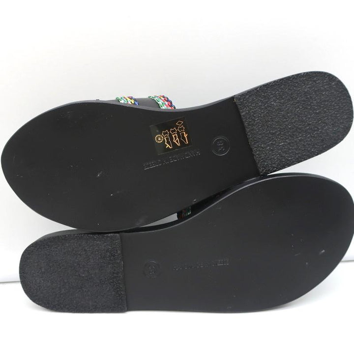 Ancient Greek Sandals Taygete Slides Black Raffia-Trimmed Leather Size 38 NEW - Celebrity Owned