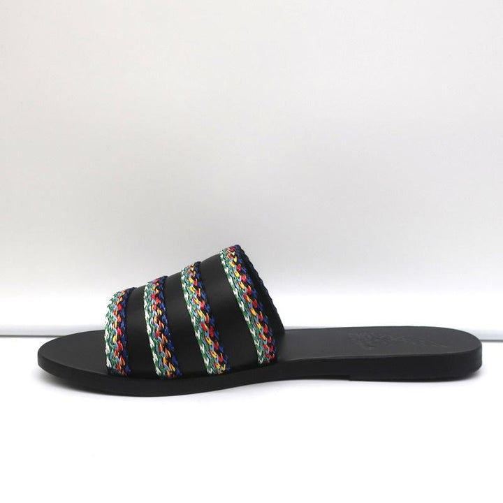 Ancient Greek Sandals Taygete Slides Black Raffia-Trimmed Leather Size 38 NEW - Celebrity Owned