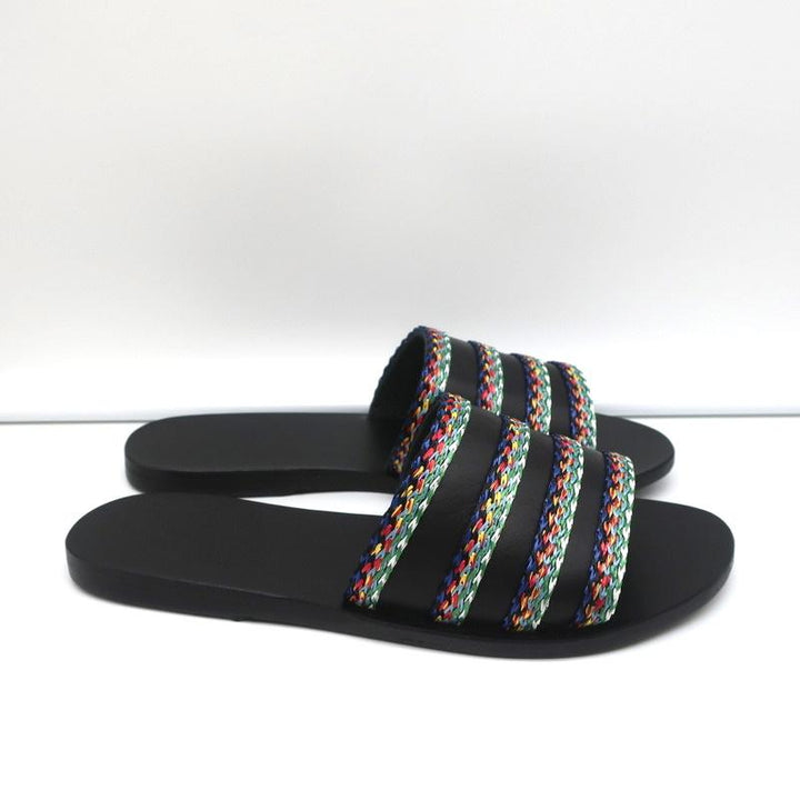 Ancient Greek Sandals Taygete Slides Black Raffia-Trimmed Leather Size 38 NEW - Celebrity Owned