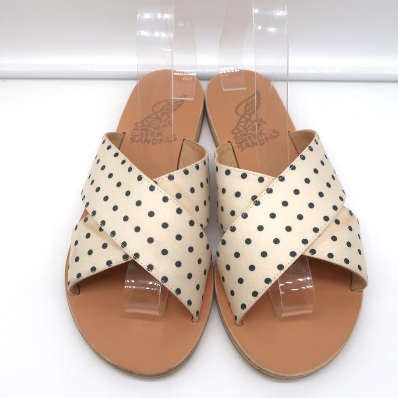 Ancient Greek Sandals Thais Crisscross Slides Cream Polka Dot Satin Size 38 - Celebrity Owned