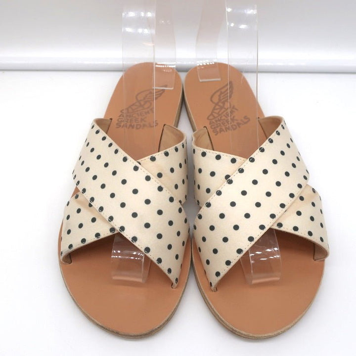 Ancient Greek Sandals Thais Crisscross Slides Cream Polka Dot Satin Size 38 - Celebrity Owned