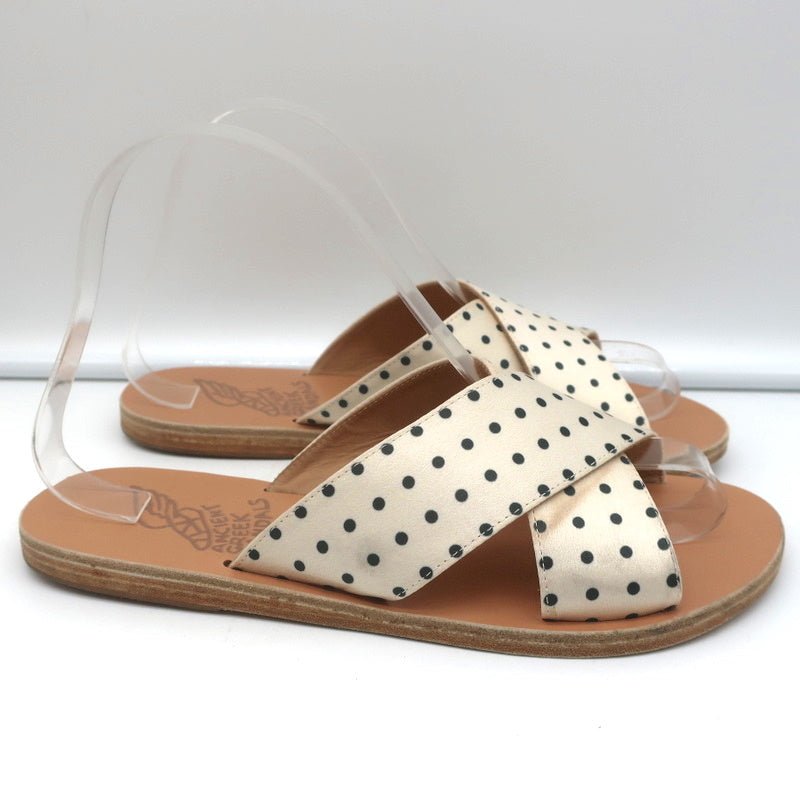 Ancient Greek Sandals Thais Crisscross Slides Cream Polka Dot Satin Size 38 - Celebrity Owned