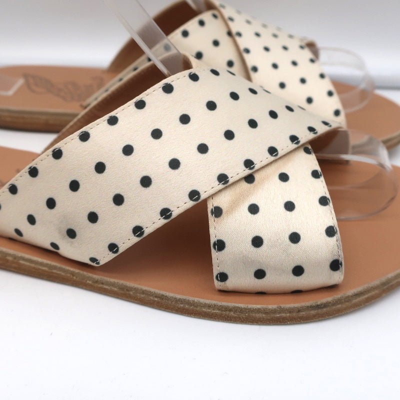 Ancient Greek Sandals Thais Crisscross Slides Cream Polka Dot Satin Size 38 - Celebrity Owned