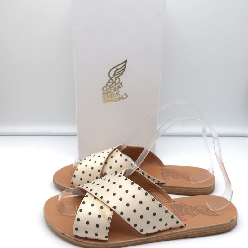 Ancient Greek Sandals Thais Crisscross Slides Cream Polka Dot Satin Size 38 - Celebrity Owned