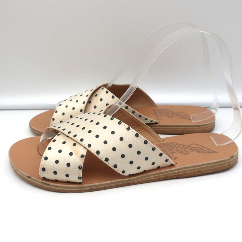 Ancient Greek Sandals Thais Crisscross Slides Cream Polka Dot Satin Size 38 - Celebrity Owned