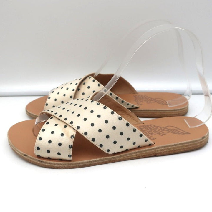 Ancient Greek Sandals Thais Crisscross Slides Cream Polka Dot Satin Size 38 - Celebrity Owned