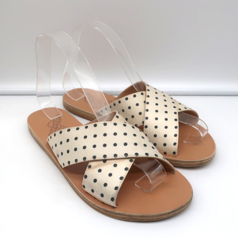 Ancient Greek Sandals Thais Crisscross Slides Cream Polka Dot Satin Size 38 - Celebrity Owned