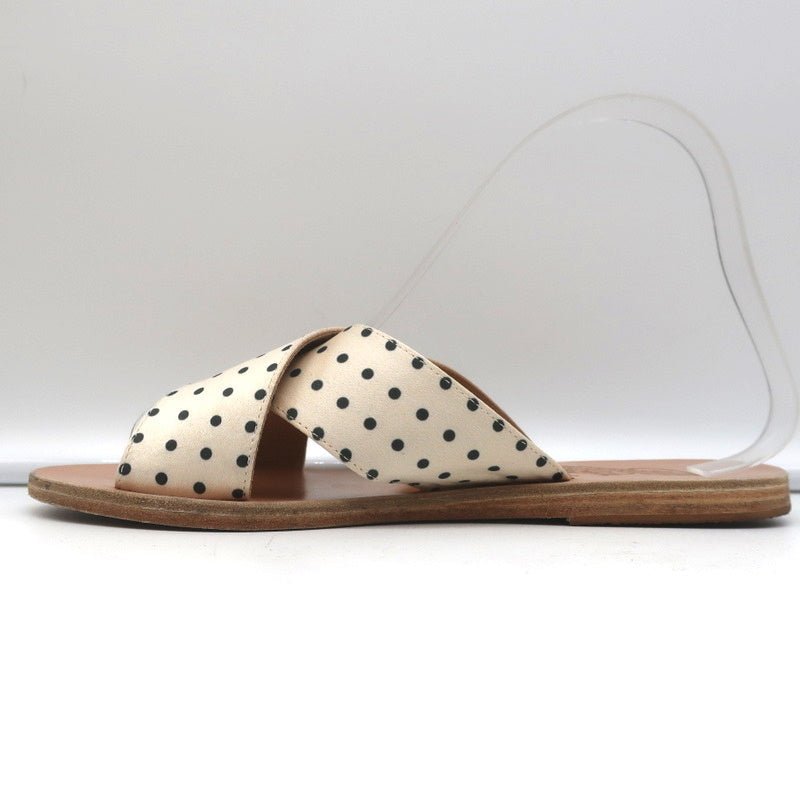 Ancient Greek Sandals Thais Crisscross Slides Cream Polka Dot Satin Size 38 - Celebrity Owned