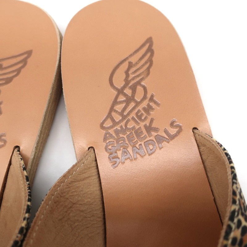 Ancient Greek Sandals Thais Crisscross Slides Leopard Print Satin Size 38 NEW - Celebrity Owned