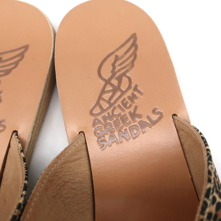 Ancient Greek Sandals Thais Crisscross Slides Leopard Print Satin Size 38 NEW - Celebrity Owned