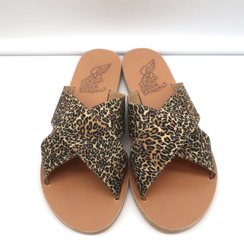 Ancient Greek Sandals Thais Crisscross Slides Leopard Print Satin Size 38 NEW - Celebrity Owned