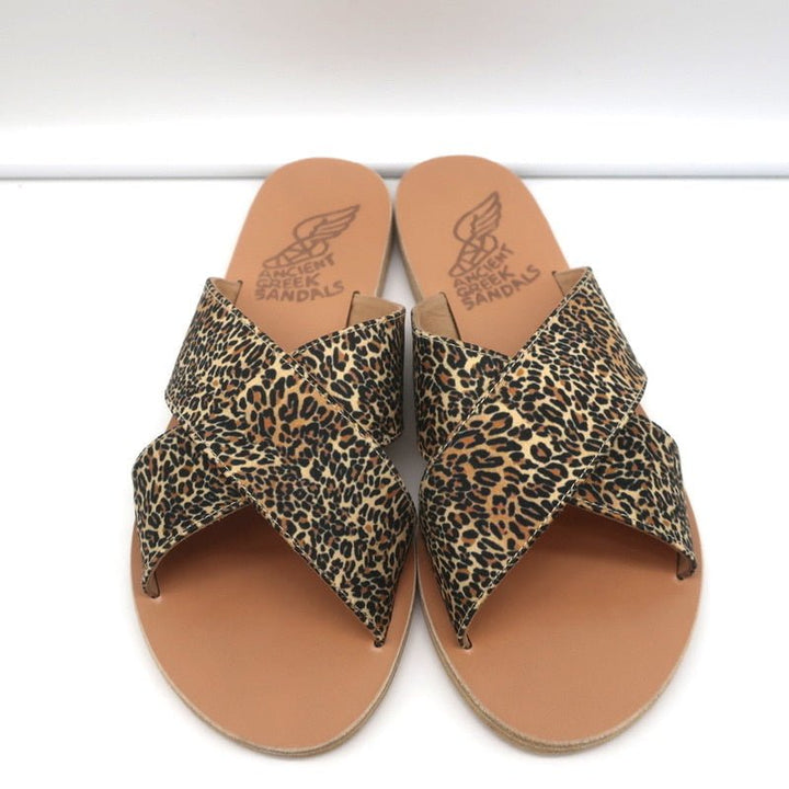 Ancient Greek Sandals Thais Crisscross Slides Leopard Print Satin Size 38 NEW - Celebrity Owned