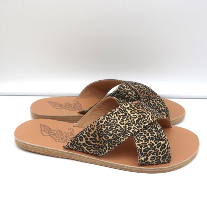 Ancient Greek Sandals Thais Crisscross Slides Leopard Print Satin Size 38 NEW - Celebrity Owned