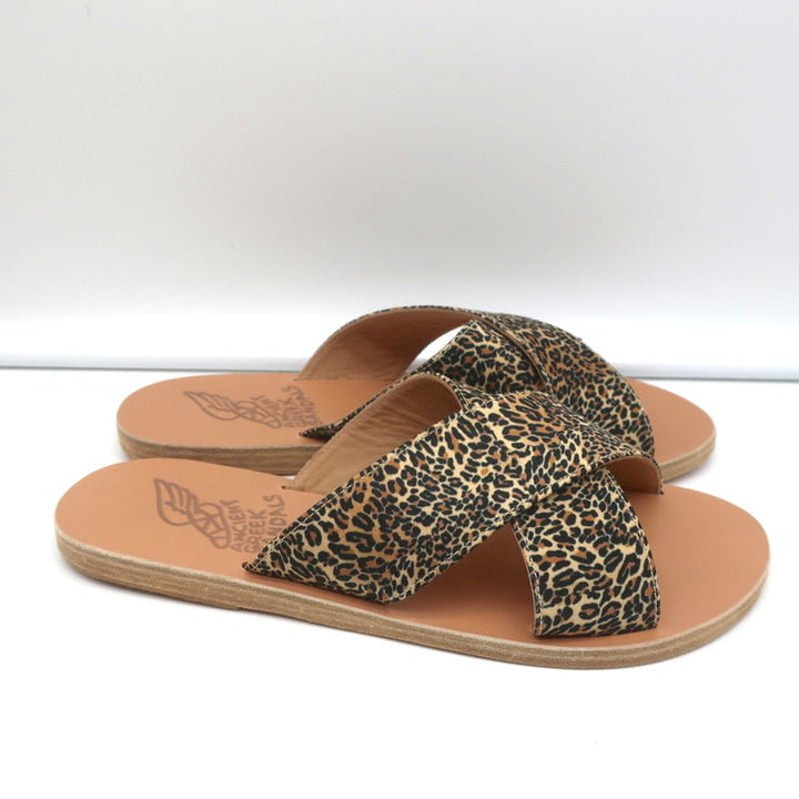 Ancient Greek Sandals Thais Crisscross Slides Leopard Print Satin Size 38 NEW - Celebrity Owned