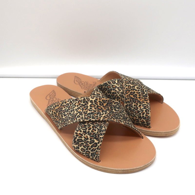 Ancient Greek Sandals Thais Crisscross Slides Leopard Print Satin Size 38 NEW - Celebrity Owned