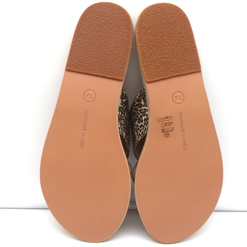 Ancient Greek Sandals Thais Crisscross Slides Leopard Print Satin Size 38 NEW - Celebrity Owned