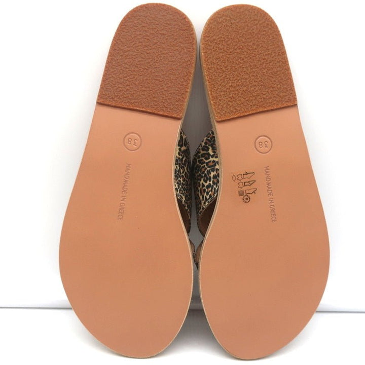 Ancient Greek Sandals Thais Crisscross Slides Leopard Print Satin Size 38 NEW - Celebrity Owned