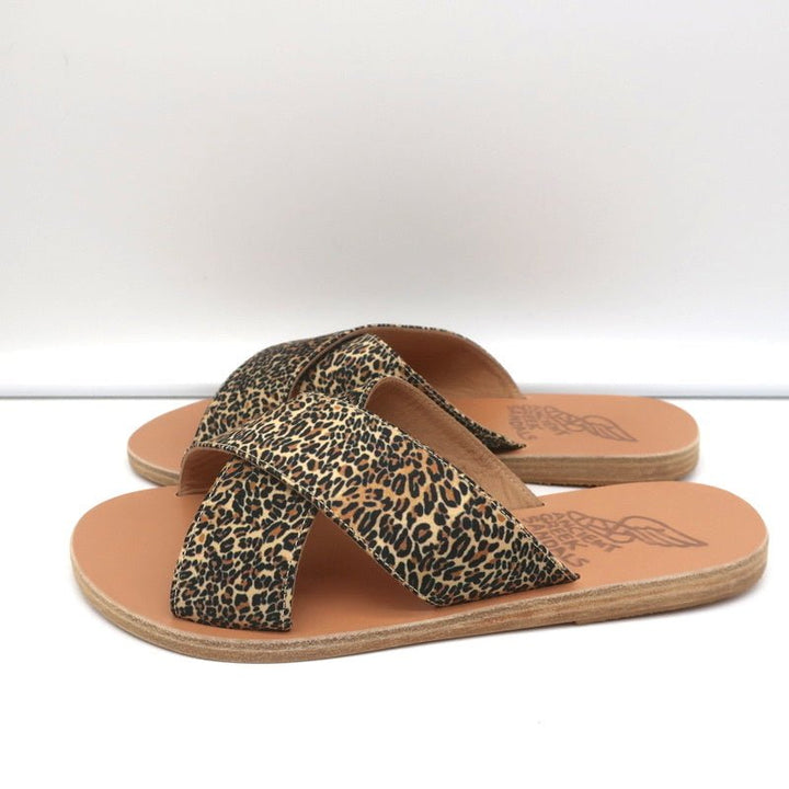 Ancient Greek Sandals Thais Crisscross Slides Leopard Print Satin Size 38 NEW - Celebrity Owned