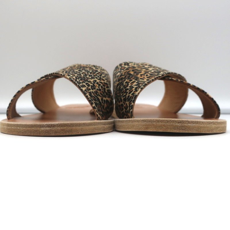 Ancient Greek Sandals Thais Crisscross Slides Leopard Print Satin Size 38 NEW - Celebrity Owned