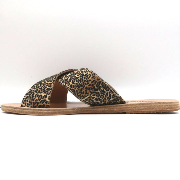 Ancient Greek Sandals Thais Crisscross Slides Leopard Print Satin Size 38 NEW - Celebrity Owned