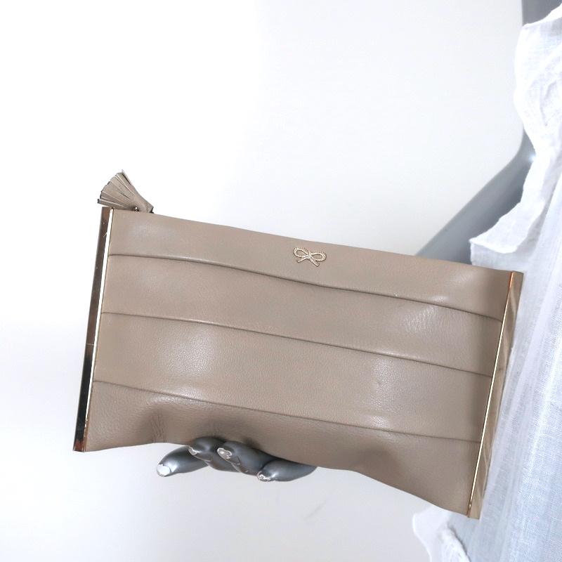 Anya Hindmarch Clutch Taupe Pleated Leather Mini Evening Bag - Celebrity Owned
