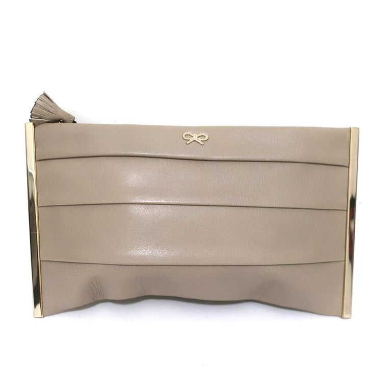 Anya Hindmarch Clutch Taupe Pleated Leather Mini Evening Bag - Celebrity Owned