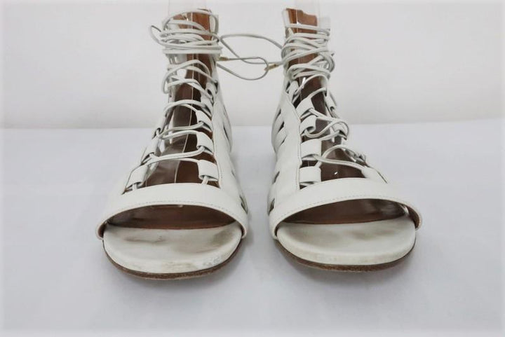 Aquazzura Amazon Gladiator Sandals White Leather Size 37.5 Lace-Up Flats - Celebrity Owned