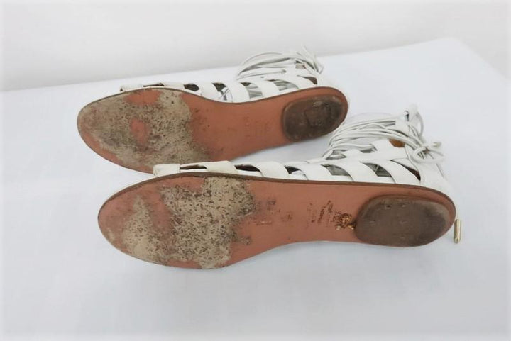 Aquazzura Amazon Gladiator Sandals White Leather Size 37.5 Lace-Up Flats - Celebrity Owned