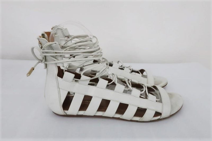 Aquazzura Amazon Gladiator Sandals White Leather Size 37.5 Lace-Up Flats - Celebrity Owned