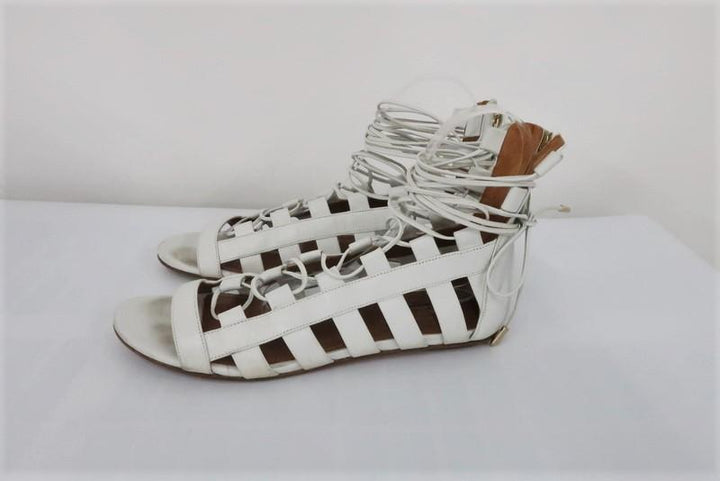 Aquazzura Amazon Gladiator Sandals White Leather Size 37.5 Lace-Up Flats - Celebrity Owned