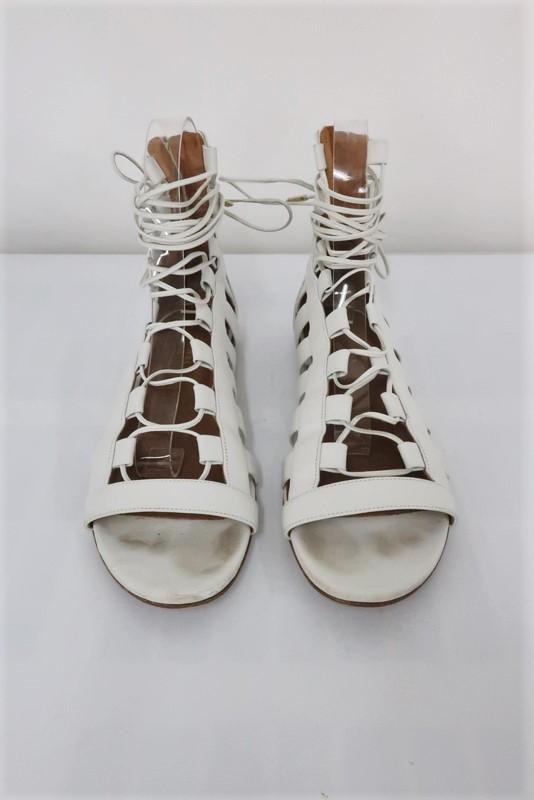 Aquazzura Amazon Gladiator Sandals White Leather Size 37.5 Lace-Up Flats - Celebrity Owned