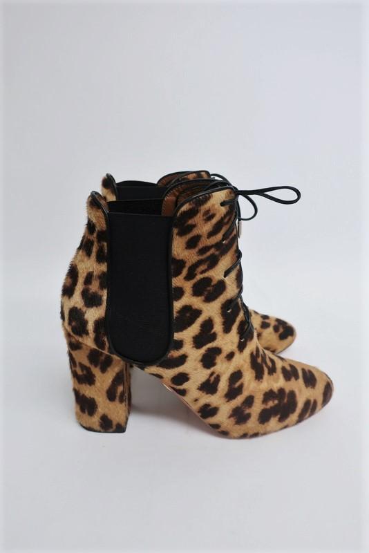Aquazzura Ankle Boots Victoria Leopard Print Calf Hair Size 37 Lace-Up Booties - Celebrity Owned