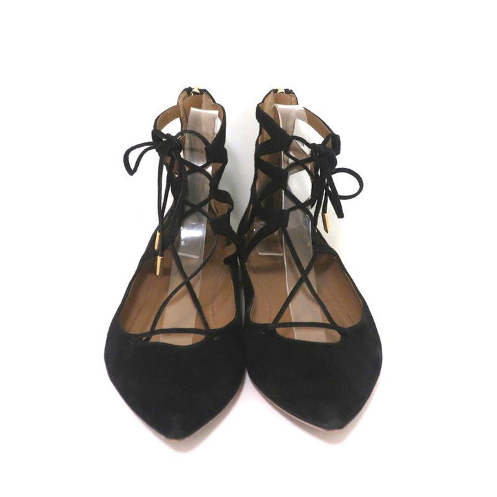 Aquazzura Belgravia Lace-Up Flats Black Cutout Suede Size 39 Pointed Toe - Celebrity Owned