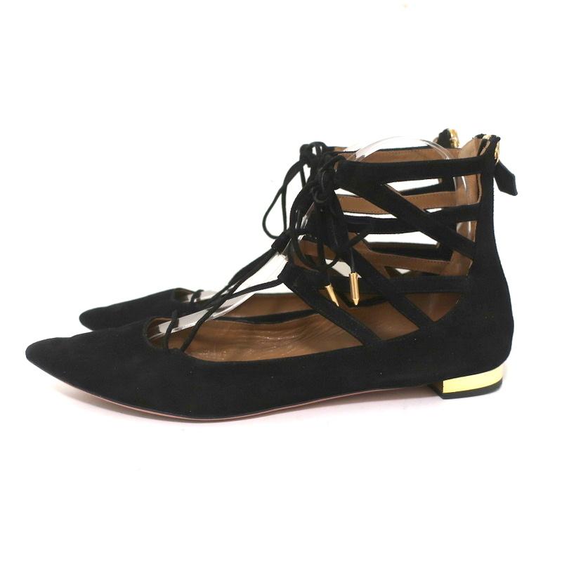 Aquazzura Belgravia Lace-Up Flats Black Cutout Suede Size 39 Pointed Toe - Celebrity Owned
