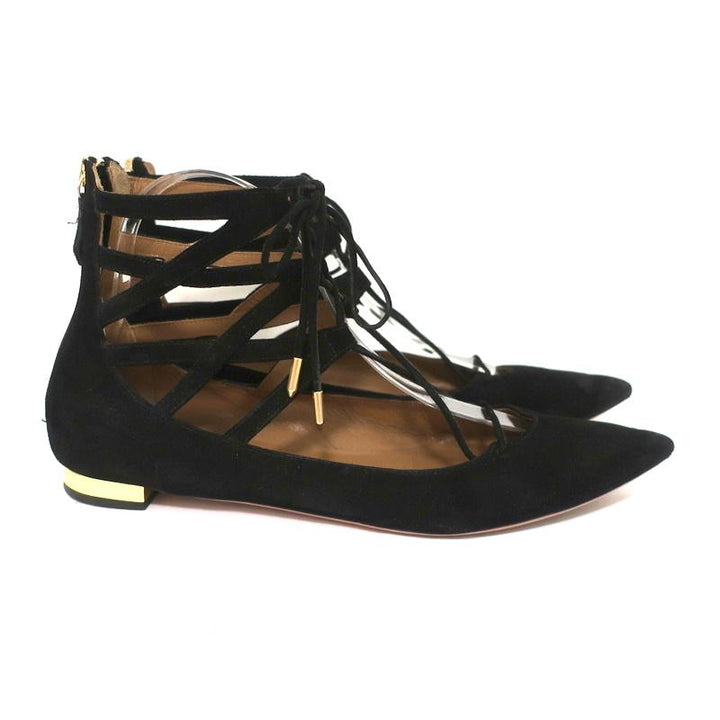 Aquazzura Belgravia Lace-Up Flats Black Cutout Suede Size 39 Pointed Toe - Celebrity Owned