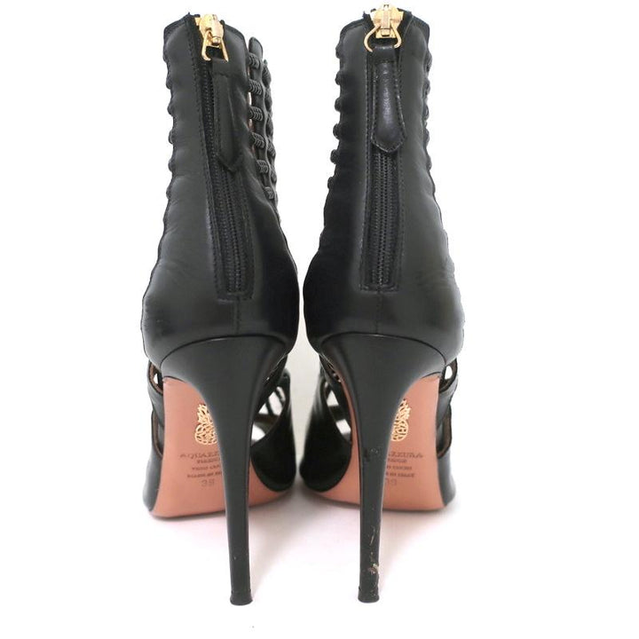Aquazzura Cage Boots Venus Black Braided Leather Size 39 Open Toe Ankle Boots - Celebrity Owned