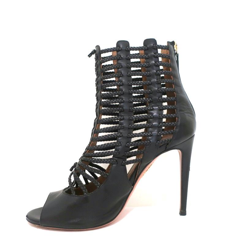 Aquazzura Cage Boots Venus Black Braided Leather Size 39 Open Toe Ankle Boots - Celebrity Owned