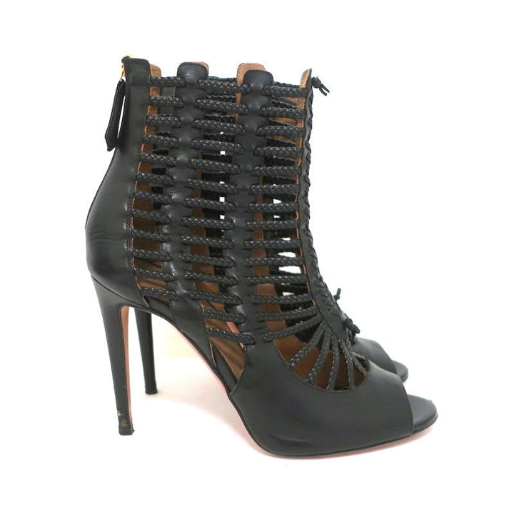 Aquazzura Cage Boots Venus Black Braided Leather Size 39 Open Toe Ankle Boots - Celebrity Owned