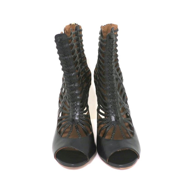 Aquazzura Cage Boots Venus Black Braided Leather Size 39 Open Toe Ankle Boots - Celebrity Owned