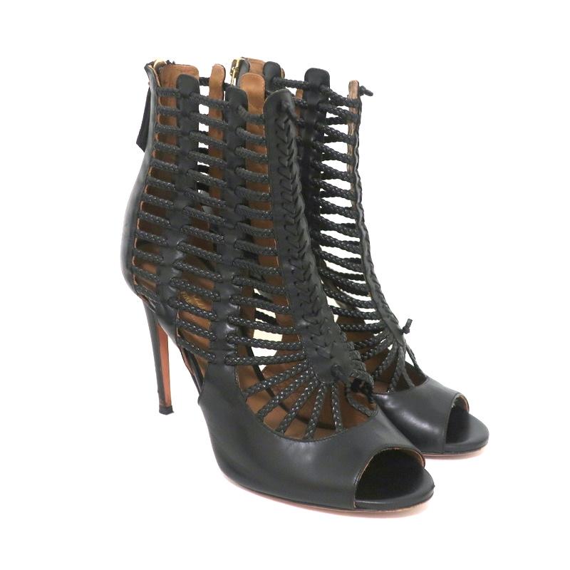 Aquazzura Cage Boots Venus Black Braided Leather Size 39 Open Toe Ankle Boots - Celebrity Owned