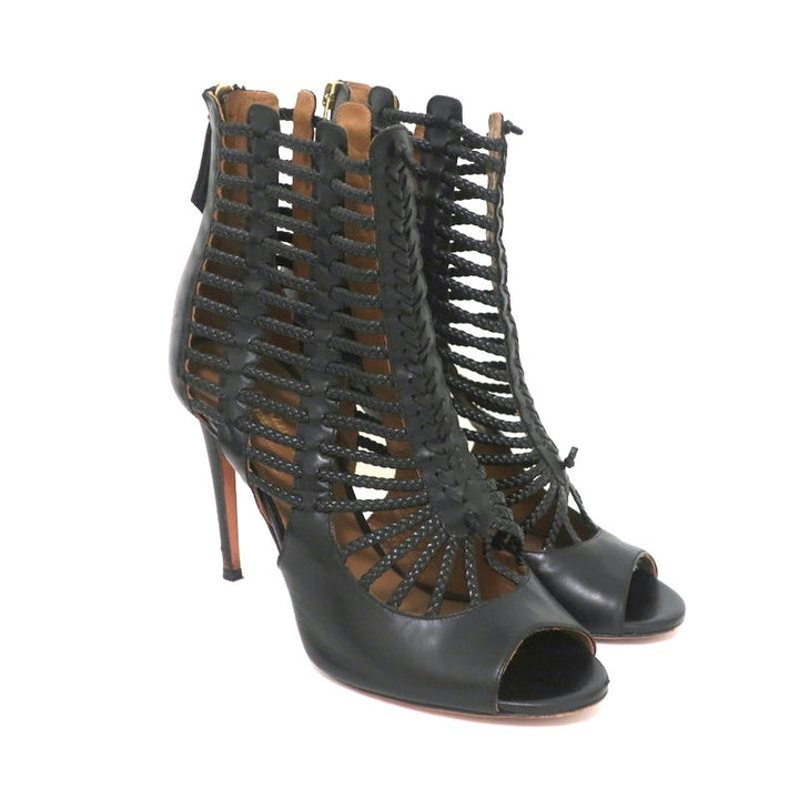 Aquazzura Cage Boots Venus Black Braided Leather Size 39 Open Toe Ankle Boots - Celebrity Owned