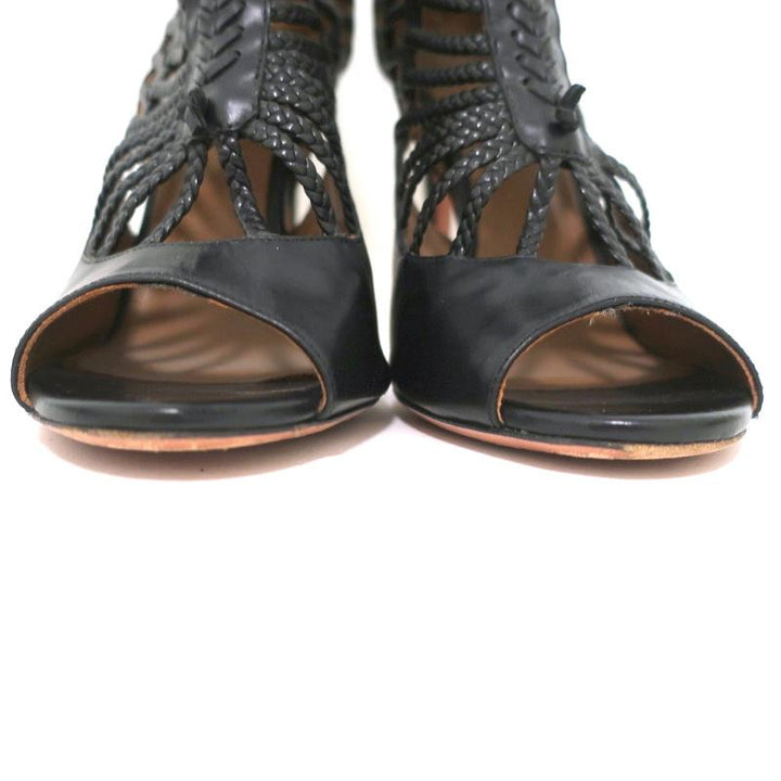 Aquazzura Cage Boots Venus Black Braided Leather Size 39 Open Toe Ankle Boots - Celebrity Owned